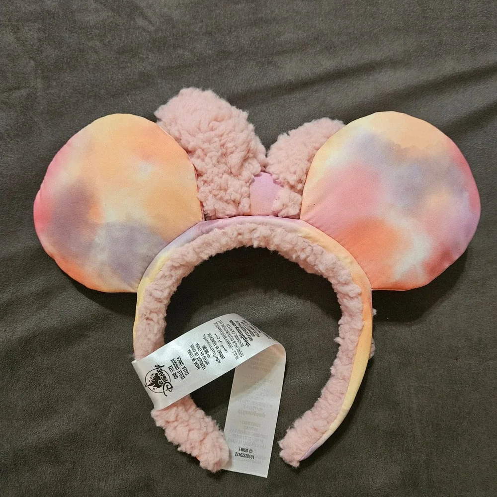 Disney Parks Minnie Mouse Tie Dye Sherpa‎ Fleece Ear Headband Pink Pastel Bow